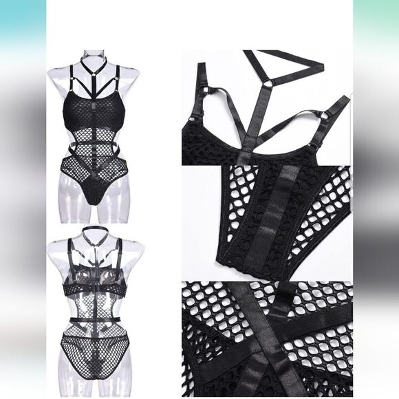 Women Gothic Dark Fishnet Bodycon Sexy Halter Bodysuit Punk Hollow Out    - Picture 9 of 16